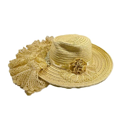 Upcycled Vintage Straw Hat with Doily and Pearls - Picture 1 of 12